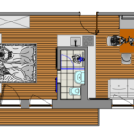 Grundriss des Apartment Kreukogel in Bad Gastein mit räumlich getrenntem Wohn und Schlafbereich, dazwischenliegendem Badezimmer sowie Küche und Essbereich.